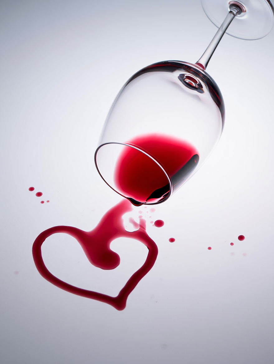 A tipped wine glass with a long stem rests on a light gray to dark gray gradient background