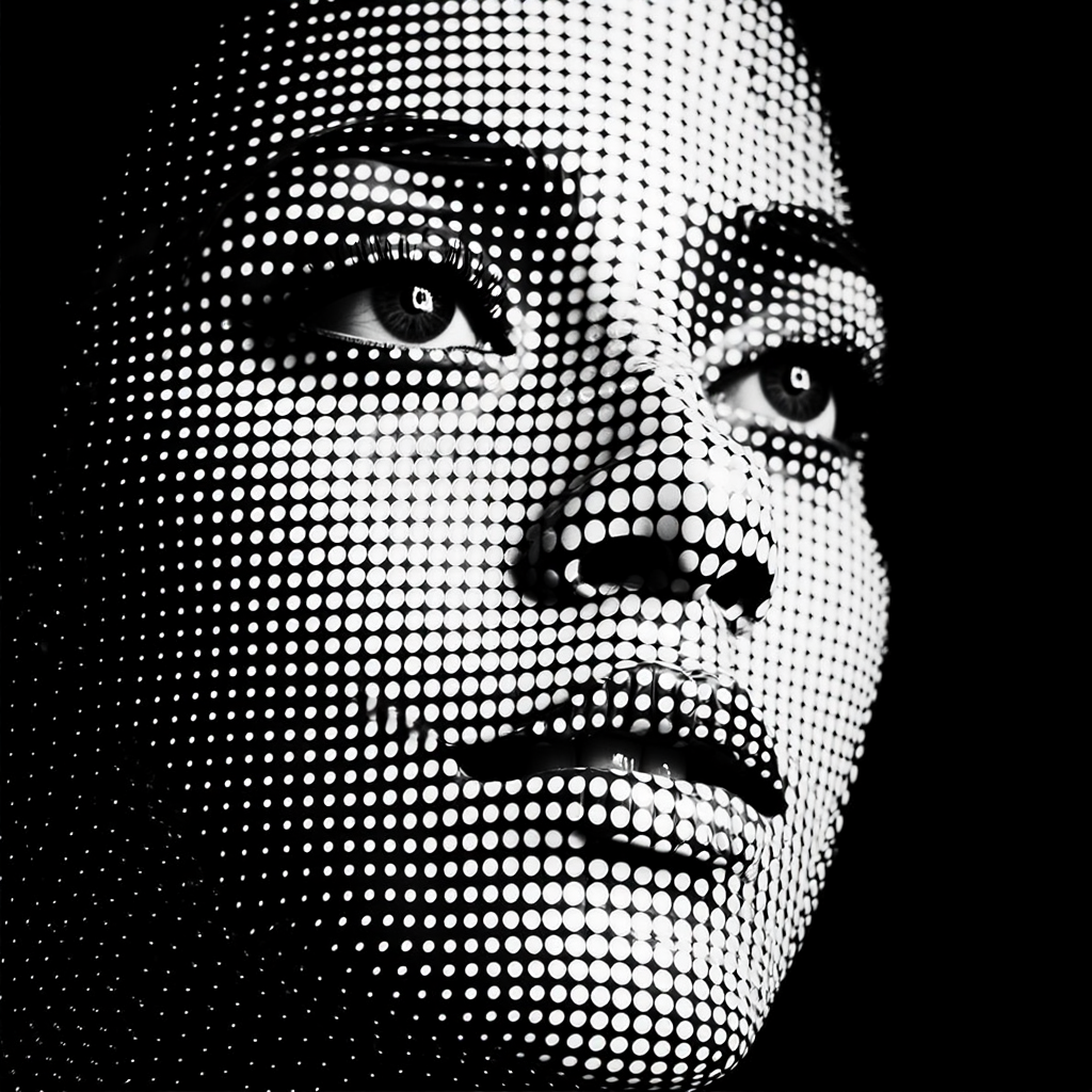 A black and white portrait created through precise halftone dot patterns