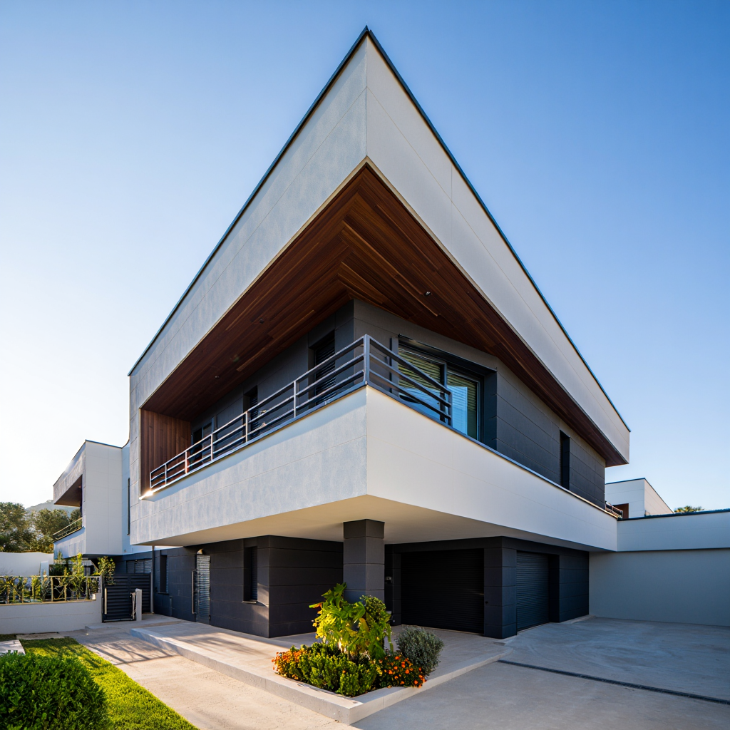 A striking modern residential architecture featuring a dramatic triangular design with clean lines and geometric shapes