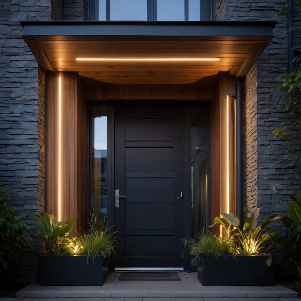 A sophisticated modern entryway featuring a black paneled door centered within a textured grey stone wall facade