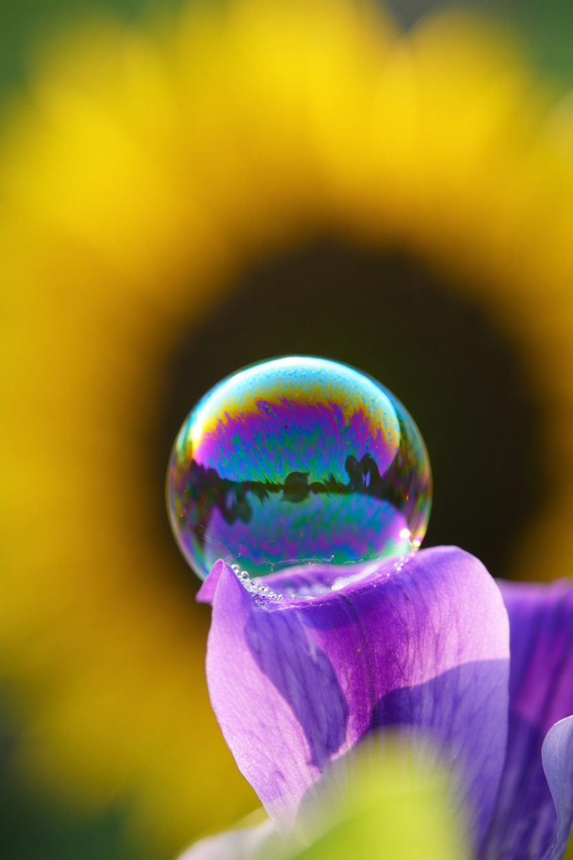 Perfectly spherical soap bubble delicately balanced on a purple flower petal