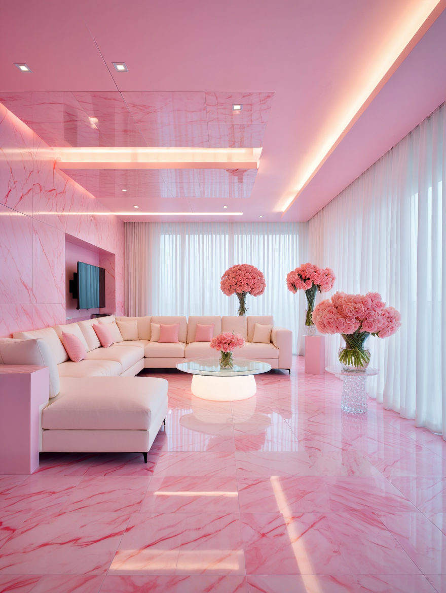A luxurious modern living room designed in a monochromatic pink theme features pink marble floors and ceiling with integrated LED lighting strips