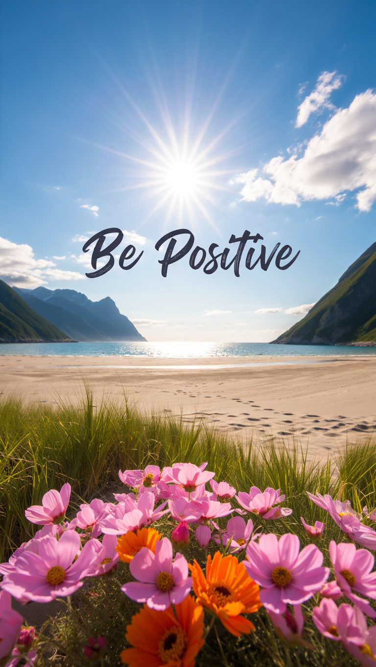 A wide-angle beach landscape quote Be Positive