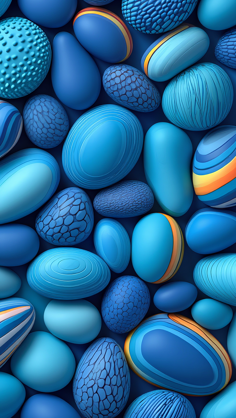 A 3D rendered abstract composition features organically shaped pebble-like forms in various shades of blue