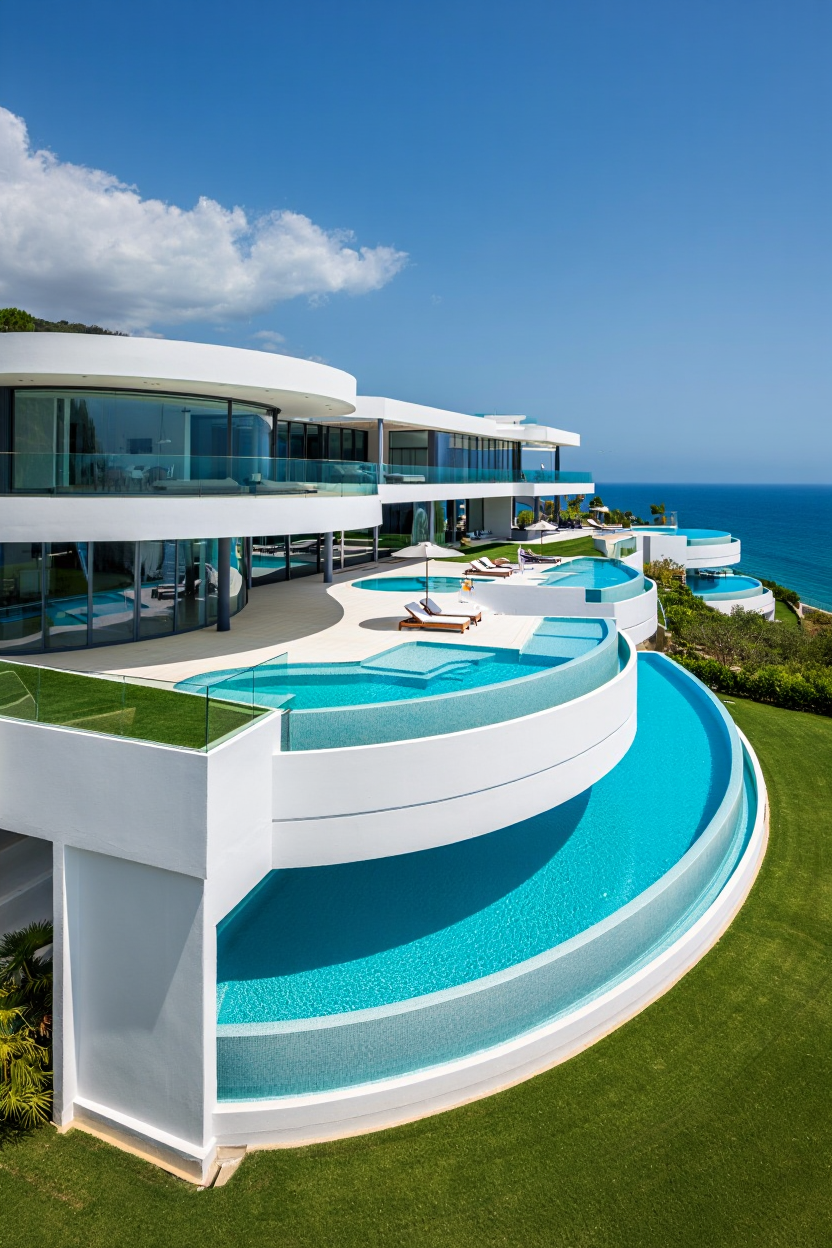 An ultra-modern luxury villa perches dramatically on a coastal cliff