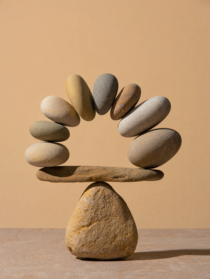 A striking still life photography of a carefully balanced stone sculpture against a neutral beige background