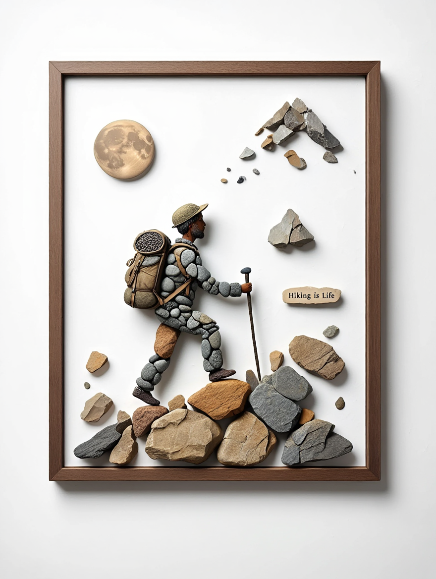 A mixed media artwork features a natural stone arrangement on a white canvas within a rectangular brown wooden frame