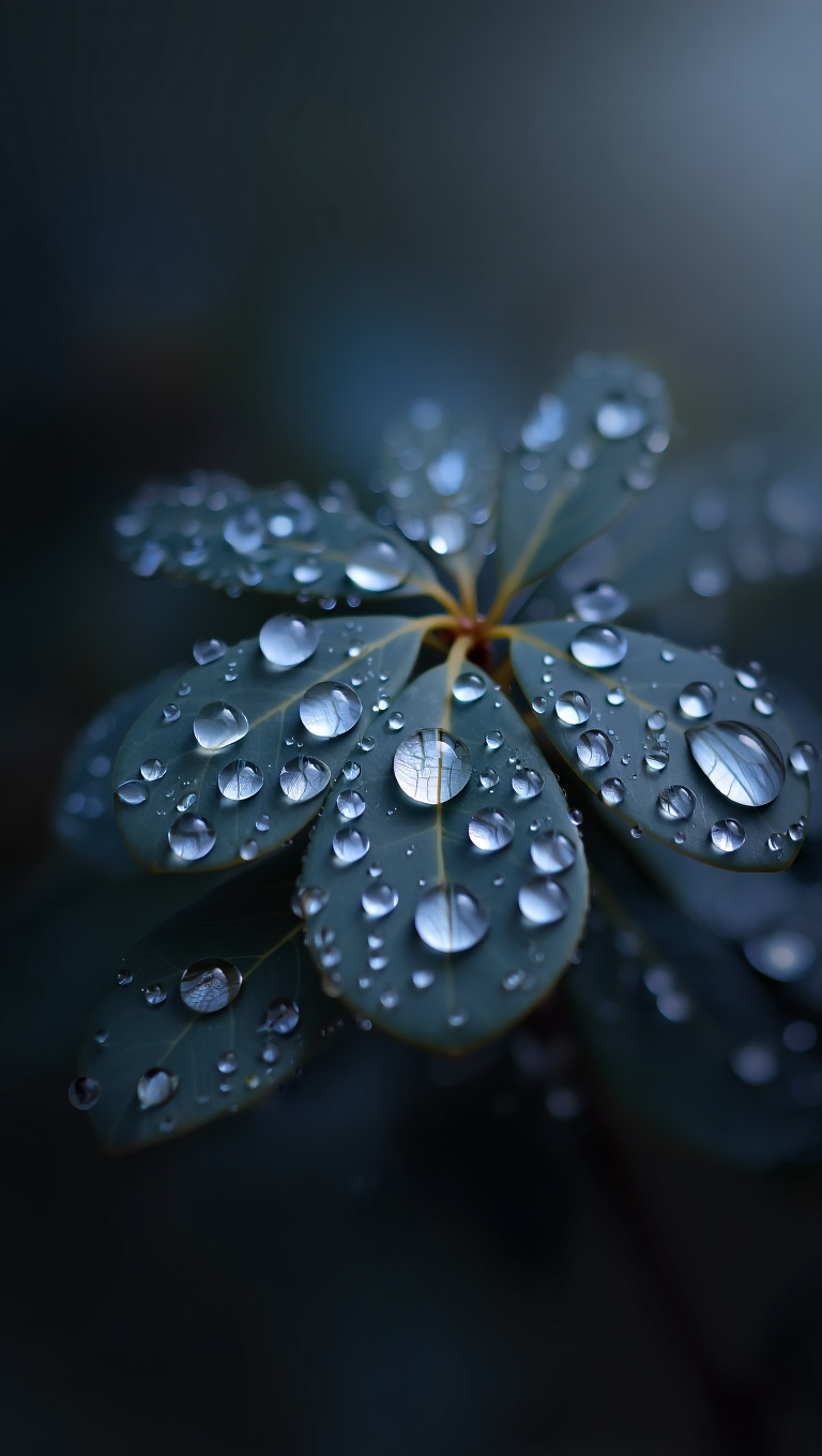 A macro photograph captures dark grey leaves adorned with pristine water droplets