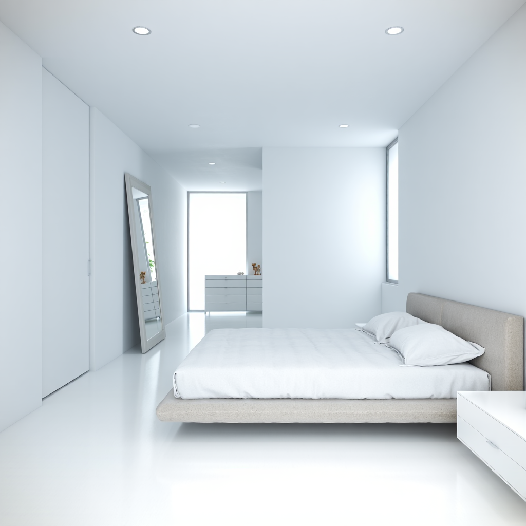 A contemporary minimalist bedroom interior