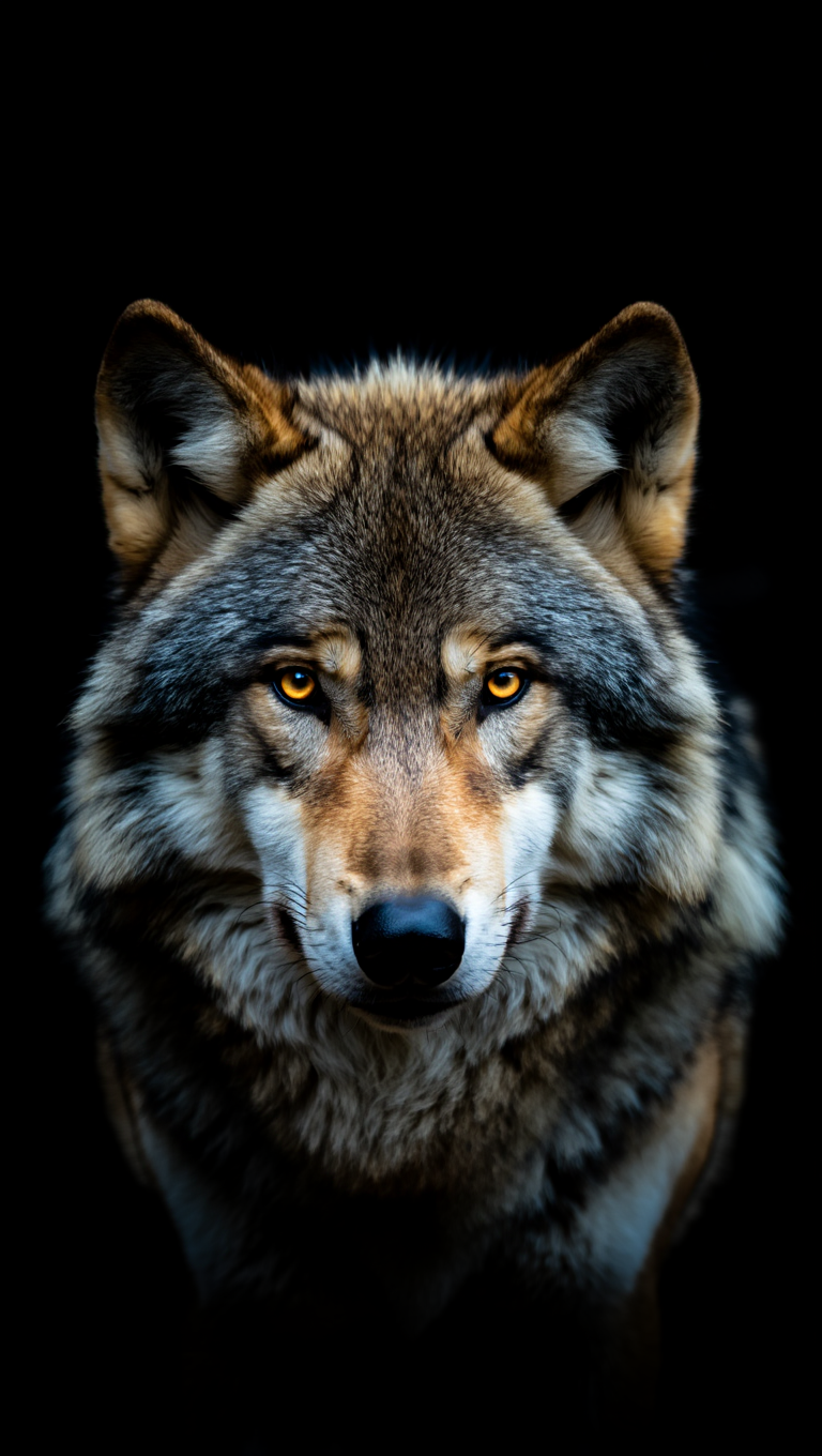 A striking close-up wildlife portrait of a gray wolf (Canis lupus) photographed against a pure black background