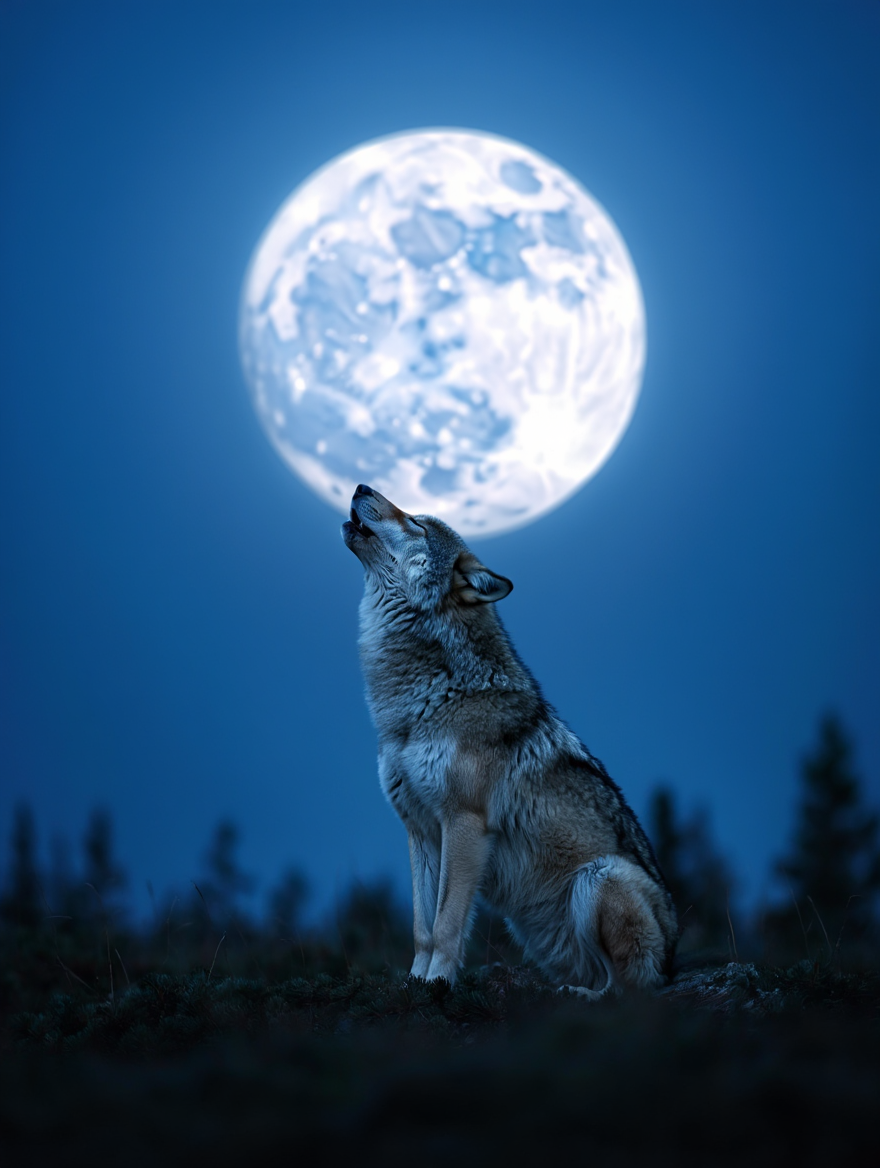 A dramatic wildlife photograph captures a lone gray wolf howling at a brilliant full moon on a clear night