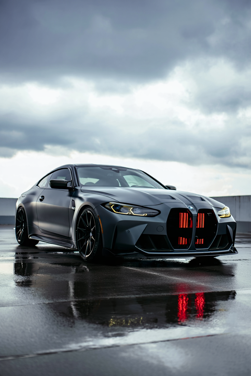 A modified BMW M4 sports car with matte black exterior paint sits low to the ground on a wet reflective surface, photographed from a low angle perspective