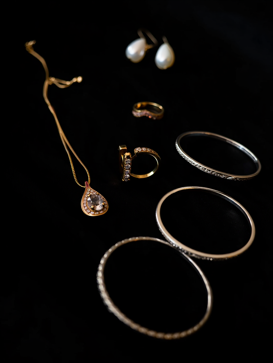 A collection of fine jewelry pieces arranged on a black velvet surface