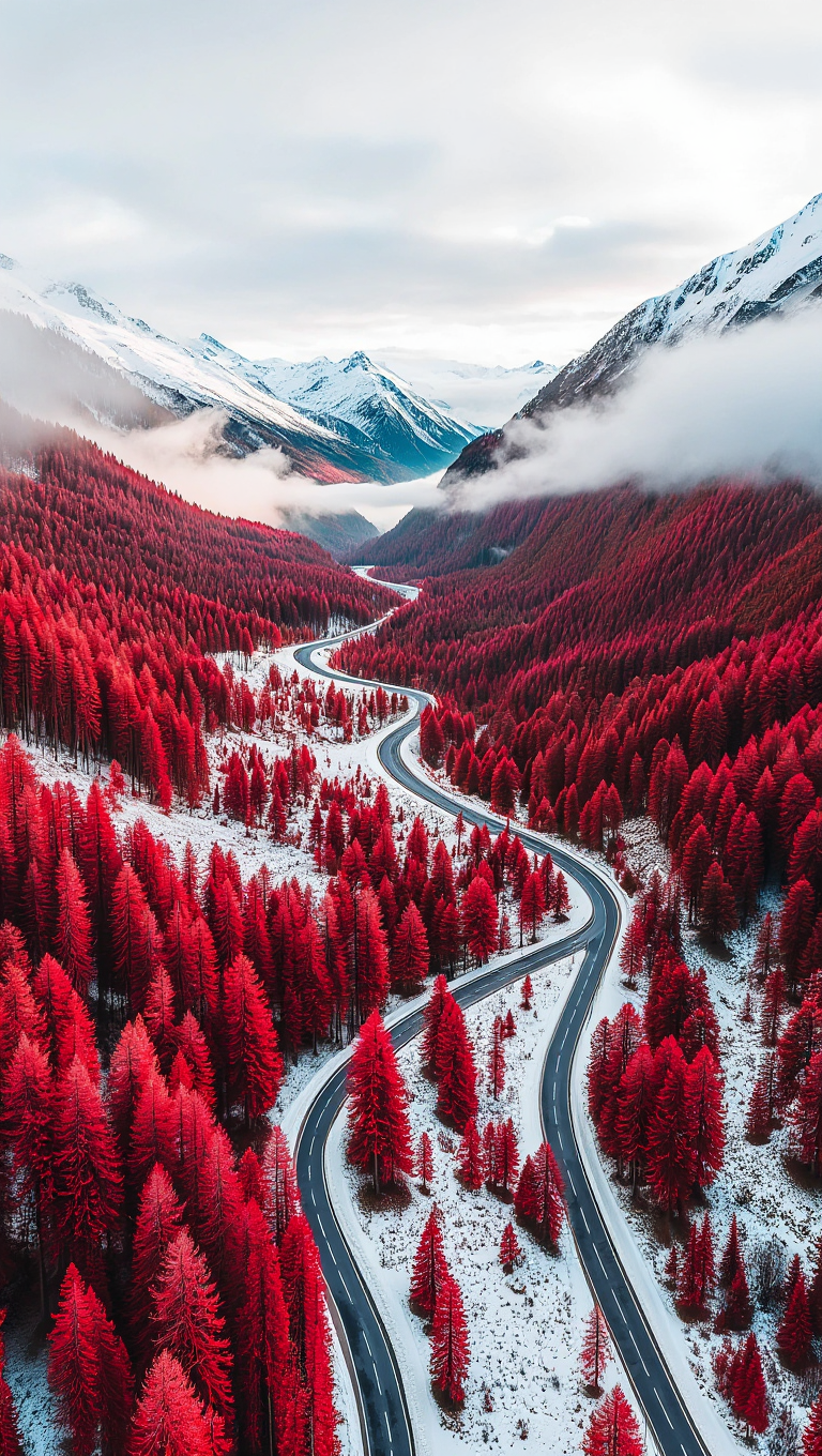 Winding mountain road cutting through a dramatic alpine landscape