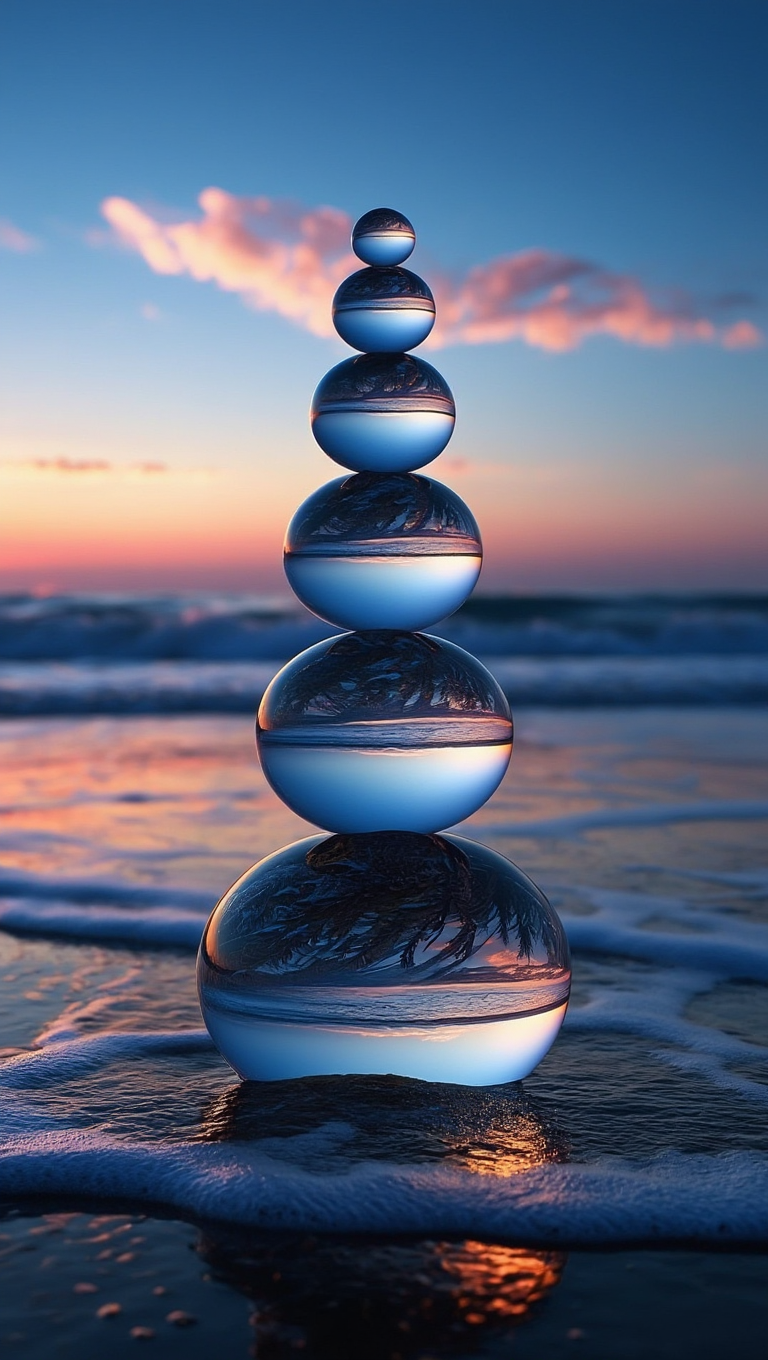 A surreal digital artwork featuring six perfectly stacked, smooth stones on a peaceful beach at sunset