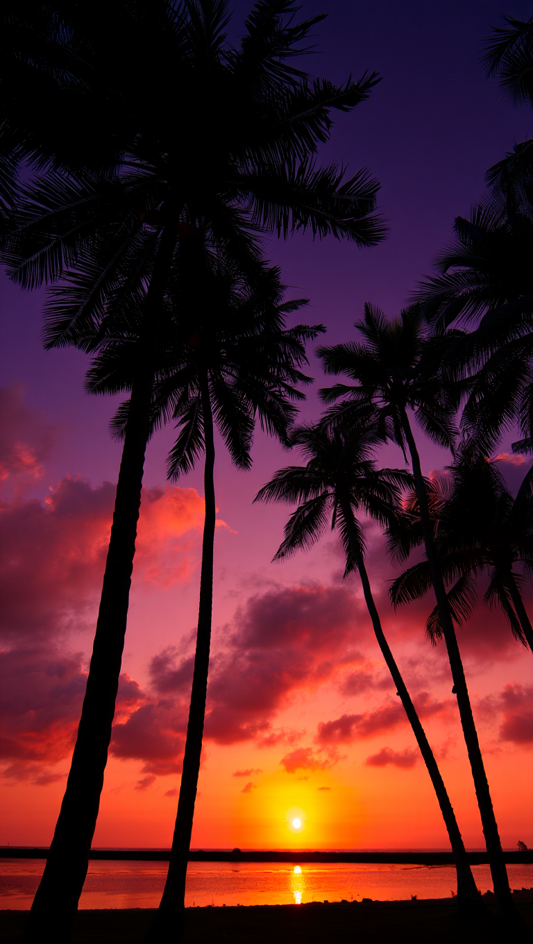 Tall coconut palm trees silhouetted against a dramatically colored sky