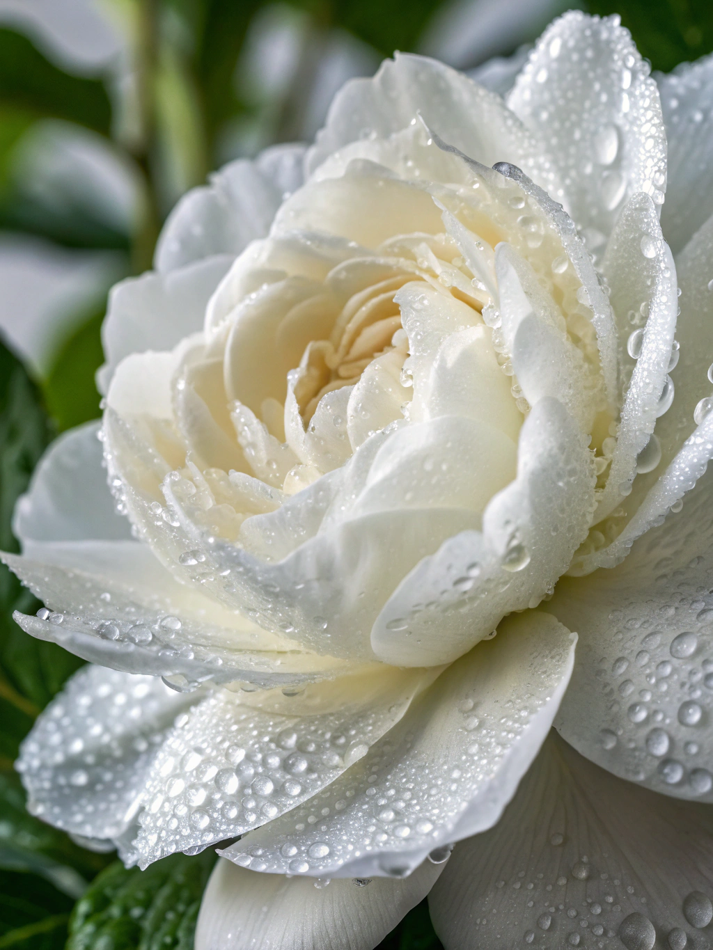 Extreme close-up of a single pristine white flower (peony/gardenia)