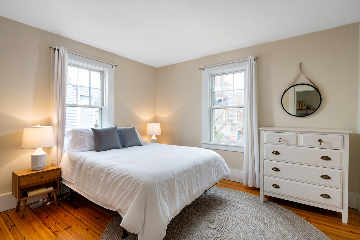 A cozy bedroom with a queen-size bed featuring crisp white linens and gray pillows positioned against a light beige wall