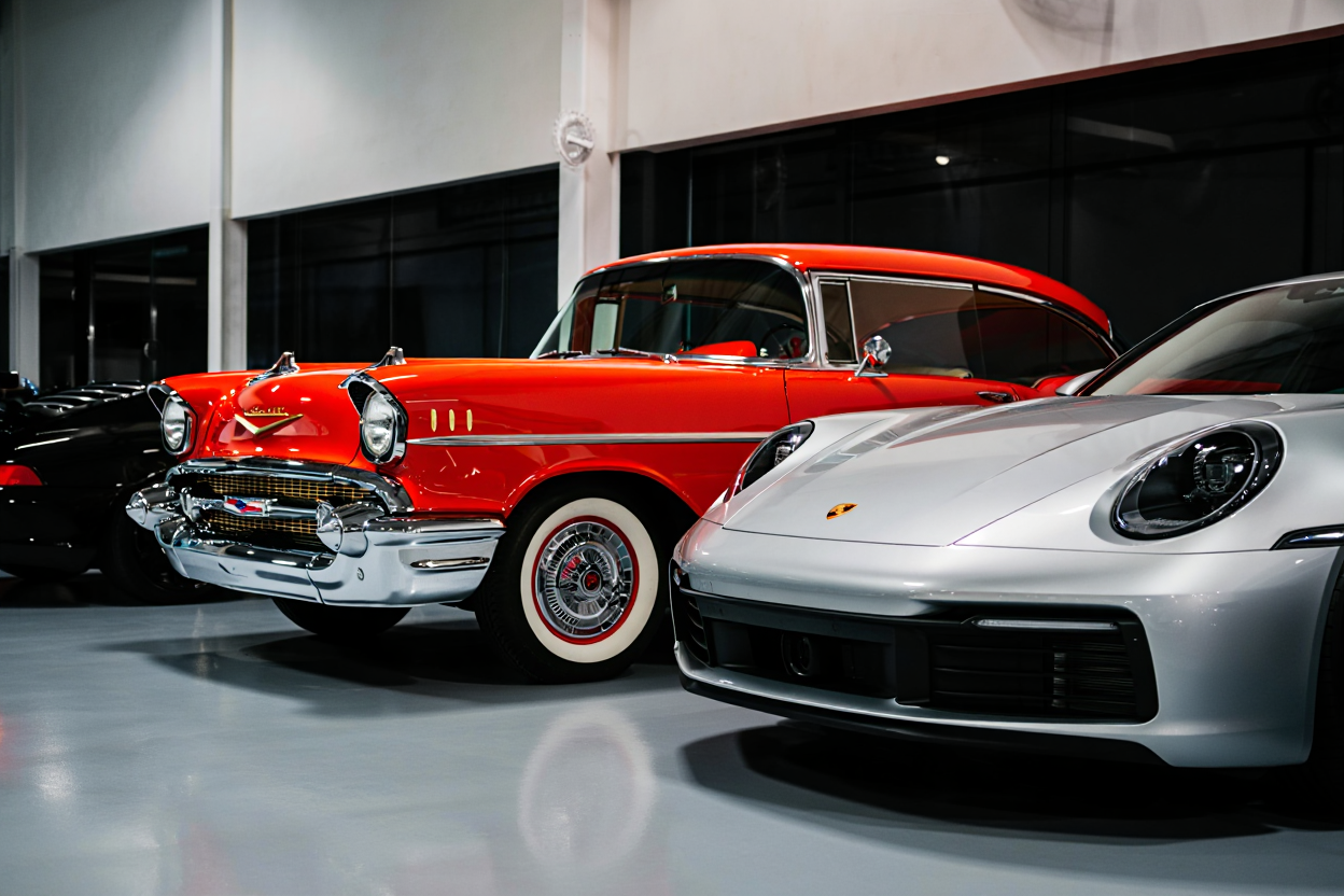 A classic red 1957 Chevrolet Bel Air with chrome trim is parked next to a sleek silver 2023 Porsche 911 on a polished concrete floor inside a well-lit showroom