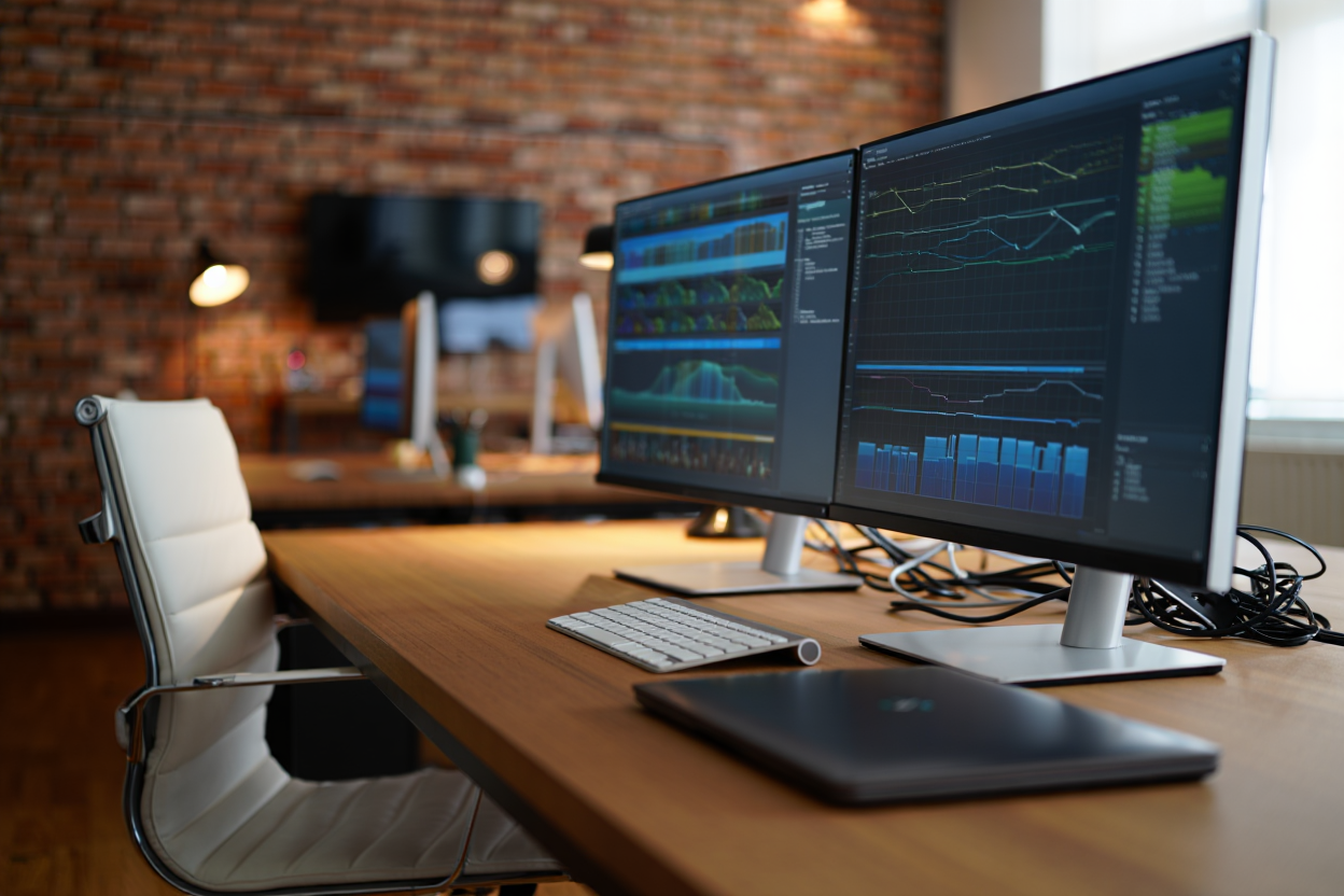 A modern office space features a polished wooden desk with dual computer monitors