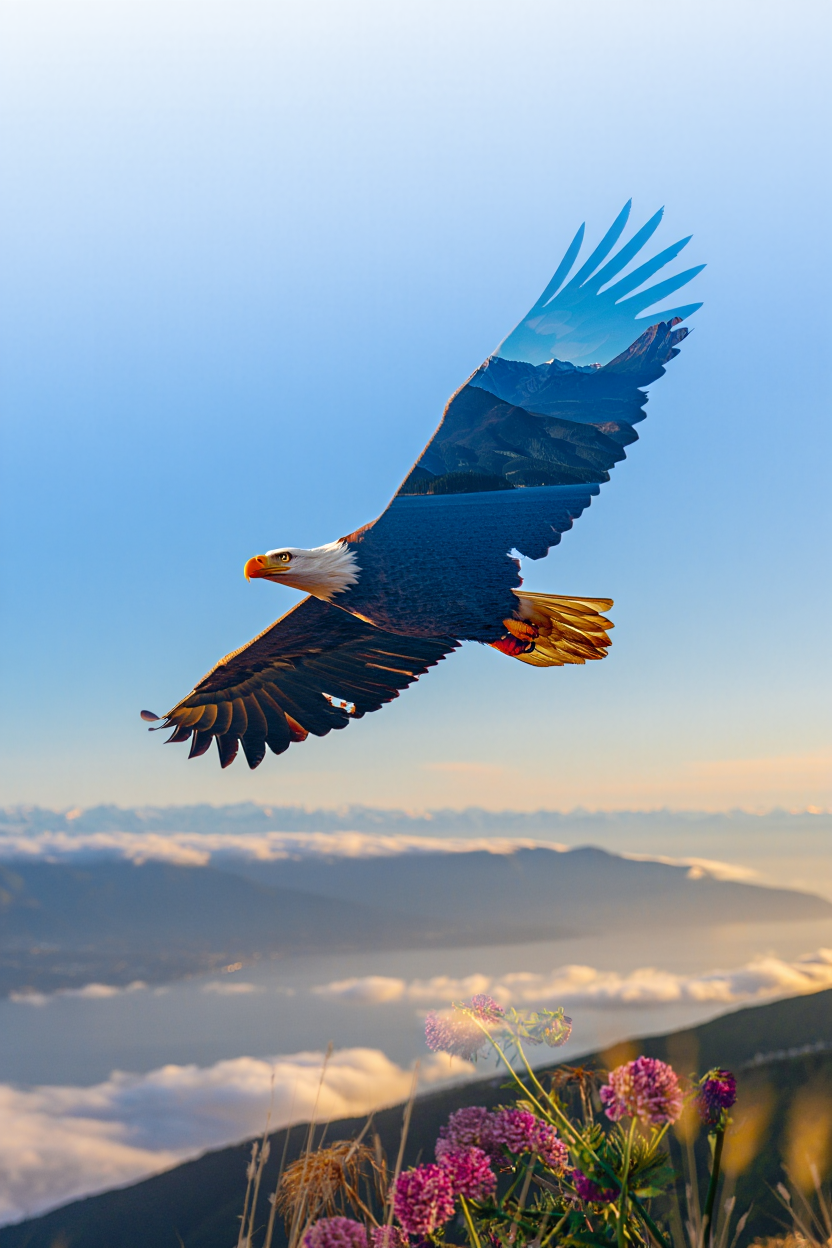 A bald eagle in flight against a blue sky