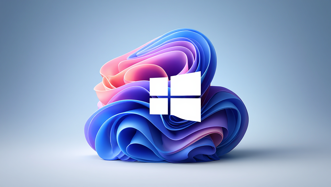 A modern 3D rendered digital artwork showcasing the Windows 11 logo integrated into a fluid, abstract sculptural design