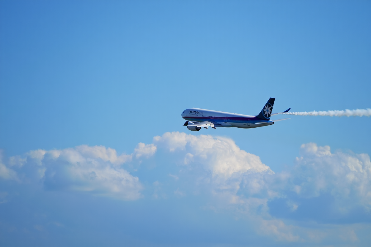 A commercial aircraft with white and blue stripes flies through a bright blue sky filled with scattered white cumulus clouds