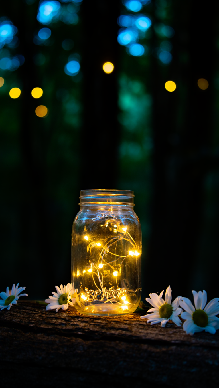 A nighttime forest scene centers on a clear glass mason jar positioned on a rough-textured wooden surface