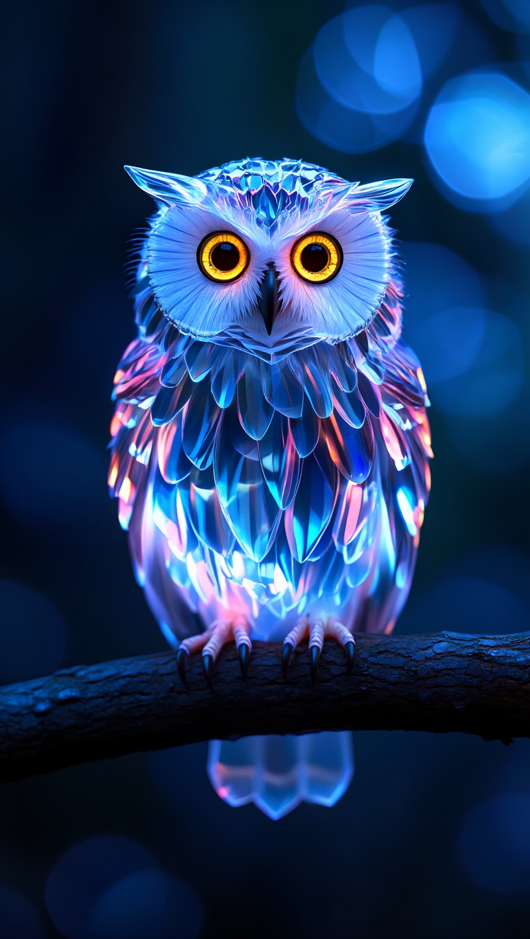 A 3D-rendered crystal owl composed of translucent material sits perched on a dark wooden branch