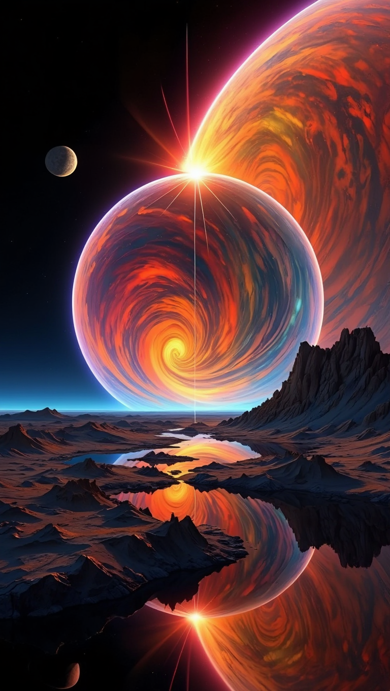 A digital illustration of an alien planet occupies the center of the frame