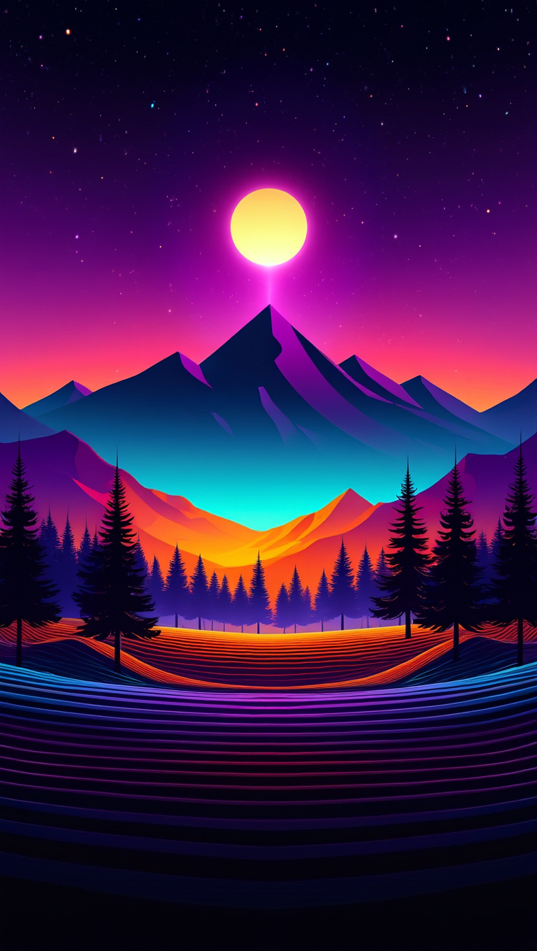 A digital art illustration depicts a nighttime mountain landscape with synthwave aesthetics