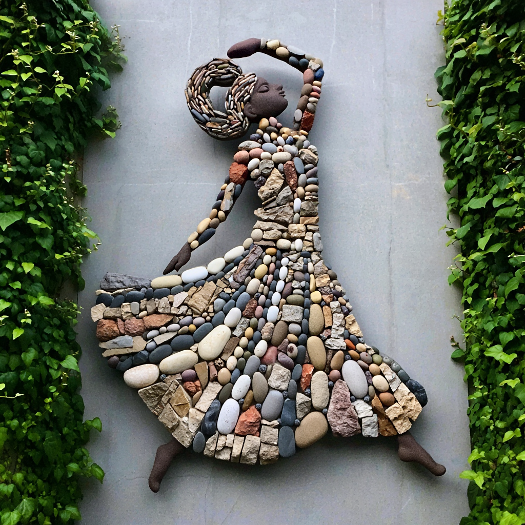 An artistic stone mosaic sculpture depicting a dancing human figure