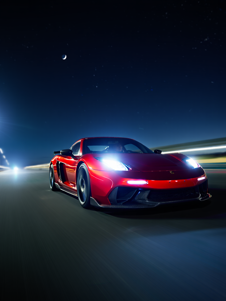 A high-speed sports car racing down an empty straight asphalt road at night