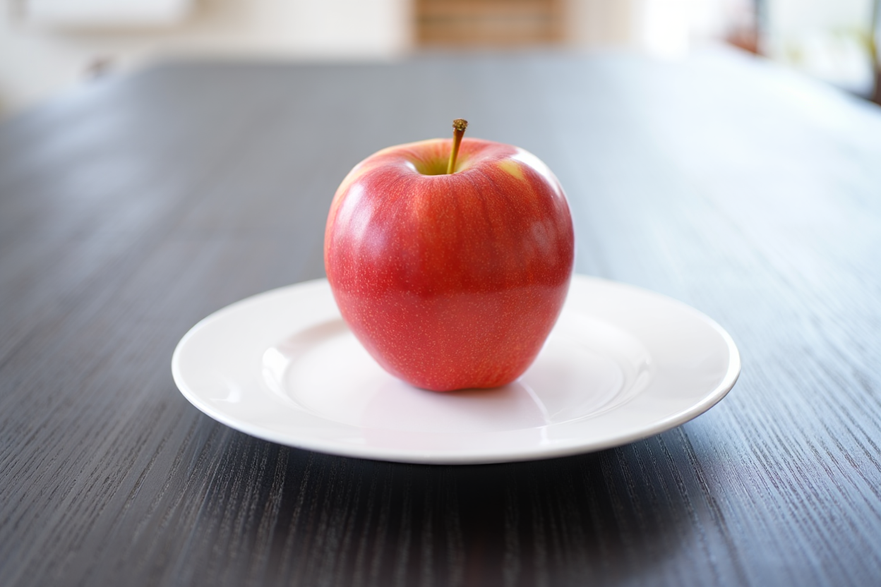 A bright red apple on a pure white plate