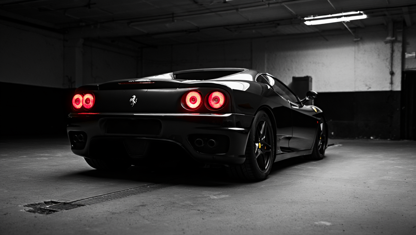 A Ferrari sports car positioned in a spacious industrial garage interior,