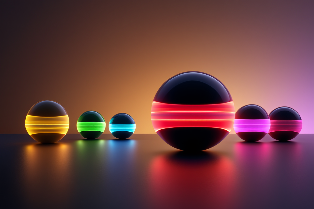 Six spherical objects of varying sizes arranged in a linear composition against a gradient background