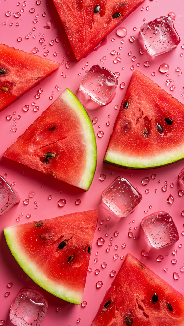 Fresh watermelon slices and ice cubes arranged on a glossy pink surface