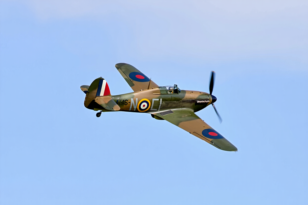A World War II-era Hawker Hurricane single-seat fighter aircraft flies against a clear, pale blue daytime sky