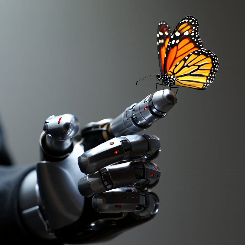 A sophisticated robotic prosthetic hand gently holding a monarch butterfly