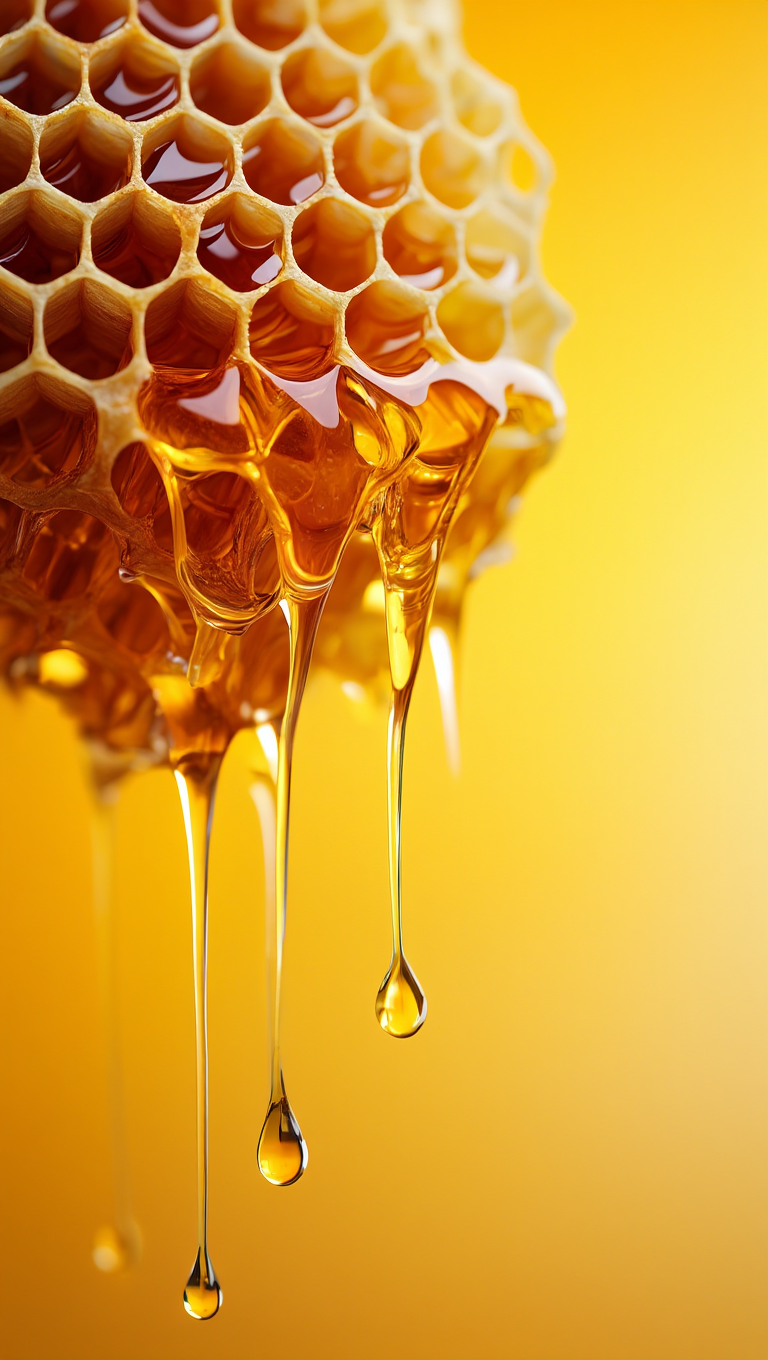 Honeycomb structure with honey dripping from its hexagonal cells