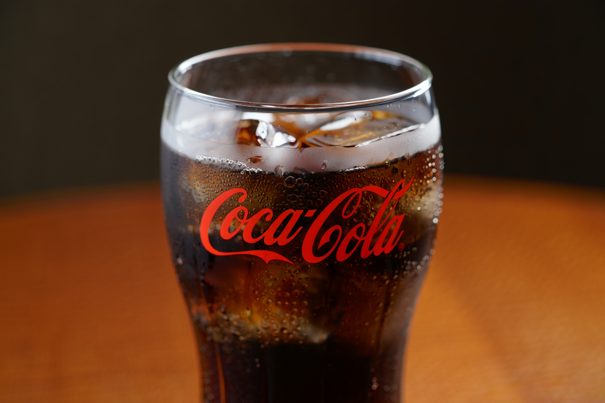 A crystal glass of ice-cold Coca-Cola