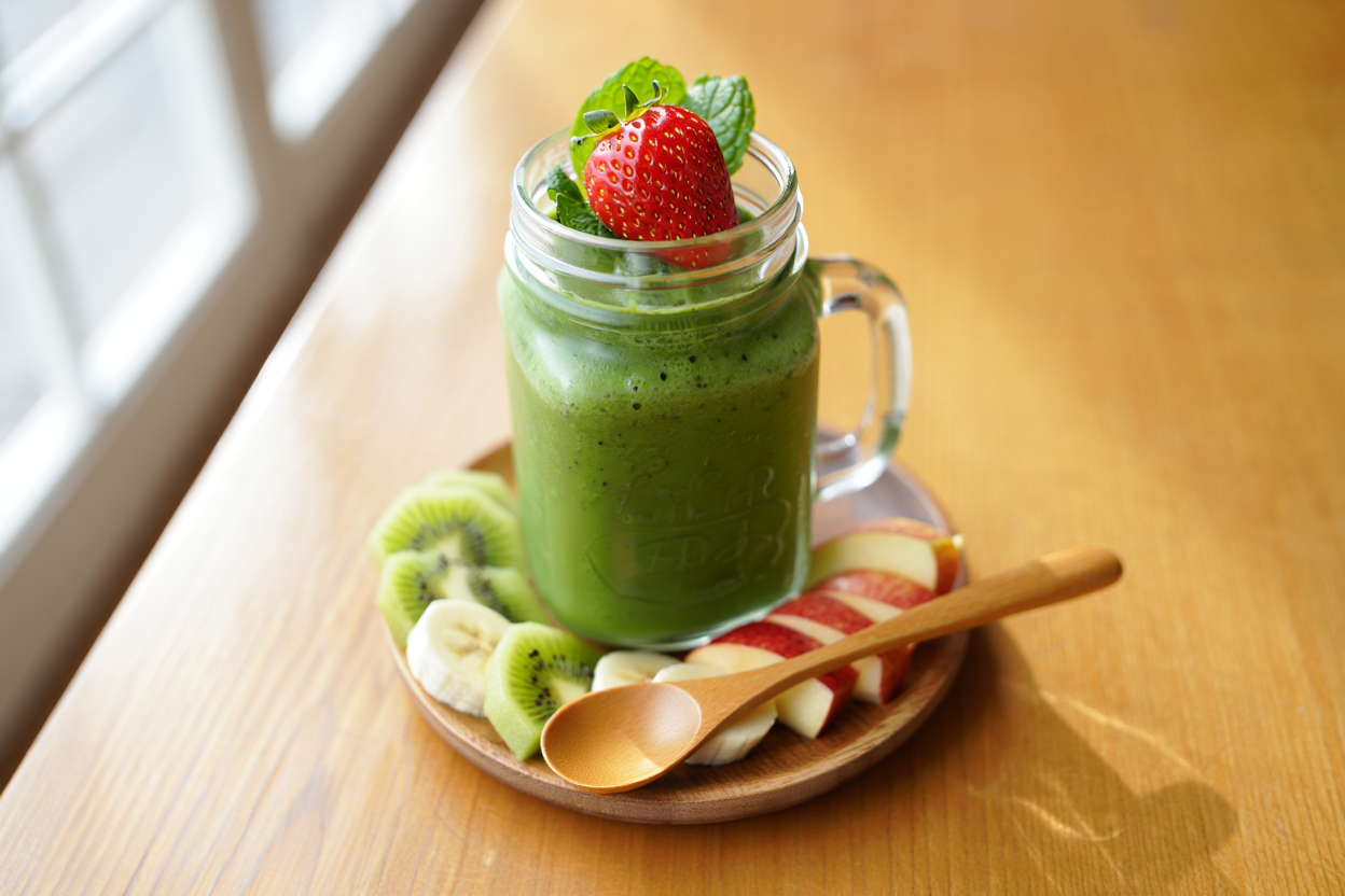 A glass mason jar filled with fresh green smoothie