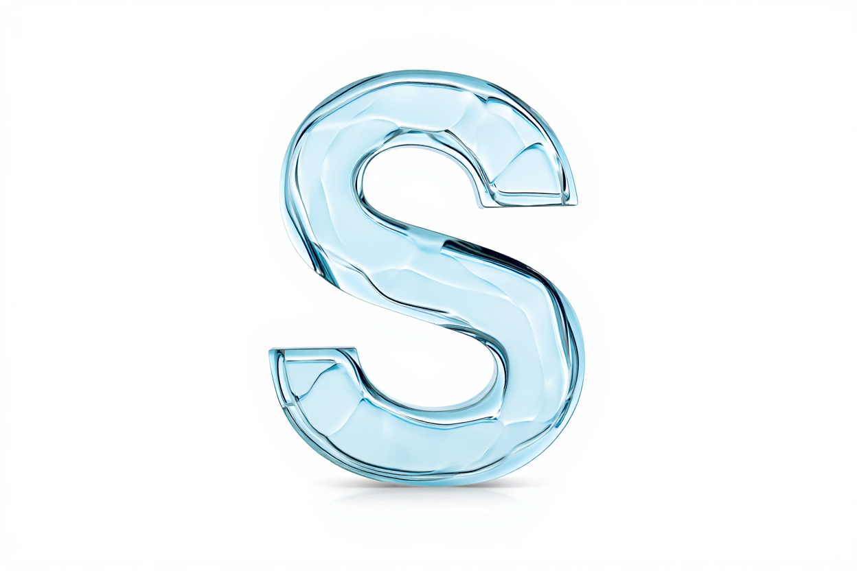 A clear, transparent glass letter "S"