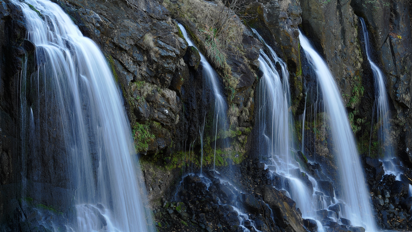Waterfall streams cascading down a weathered rock cliff face
