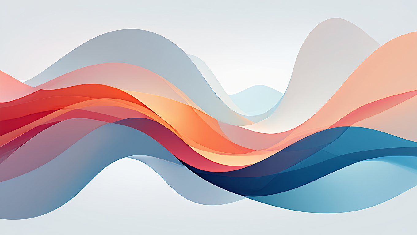 A wide shot abstract digital artwork features flowing wave-like formations arranged in a balanced composition