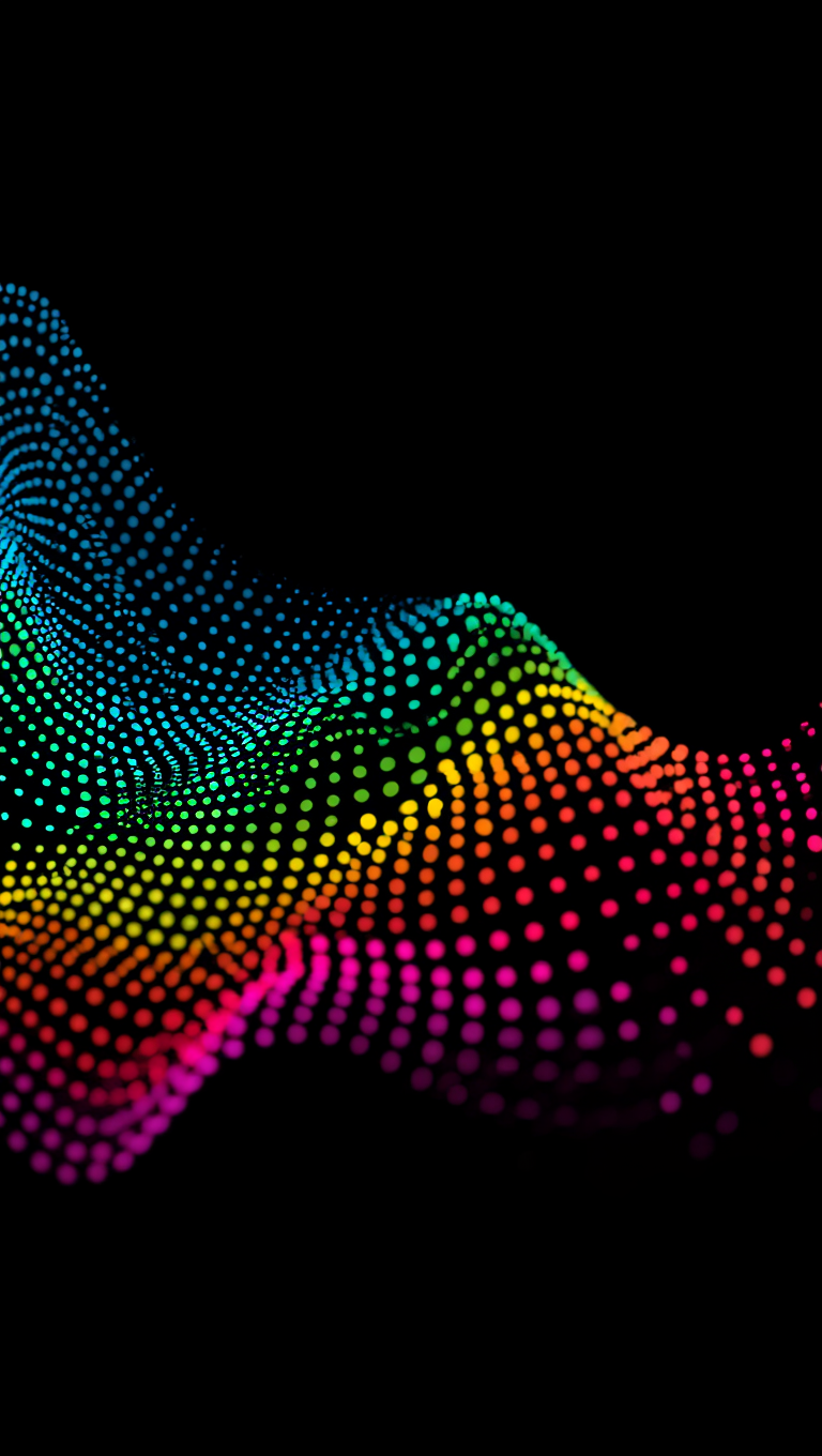 Abstract digital art featuring a dynamic wave pattern created from small circular dots arranged against a deep black background