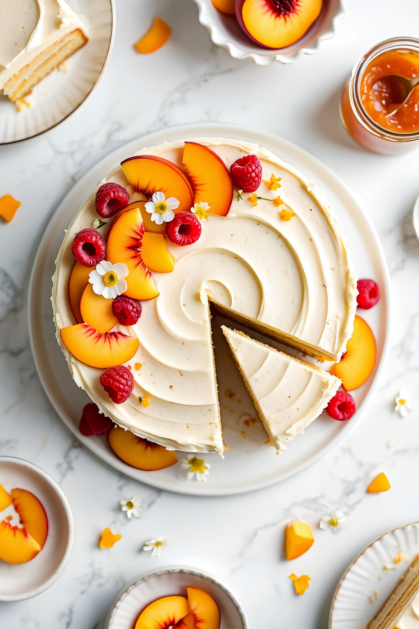 Cake with smooth white frosting positioned on a white ceramic plate against a pristine white marble surface
