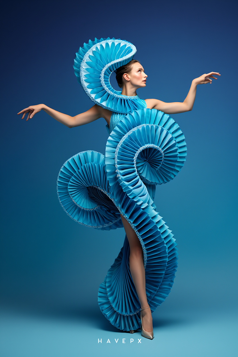 A conceptual fashion photograph features a young adult light-skinned female model wearing an extraordinary cyan spiral dress that defies conventional garment construction