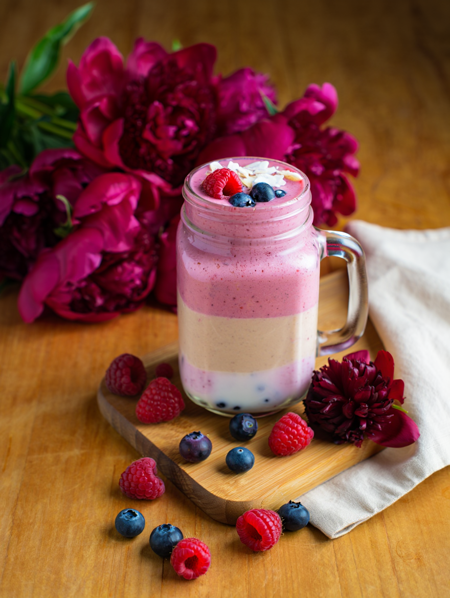 A glass mason jar with handle containing a layered pink and white berry smoothie stands centrally positioned on a wooden cutting board