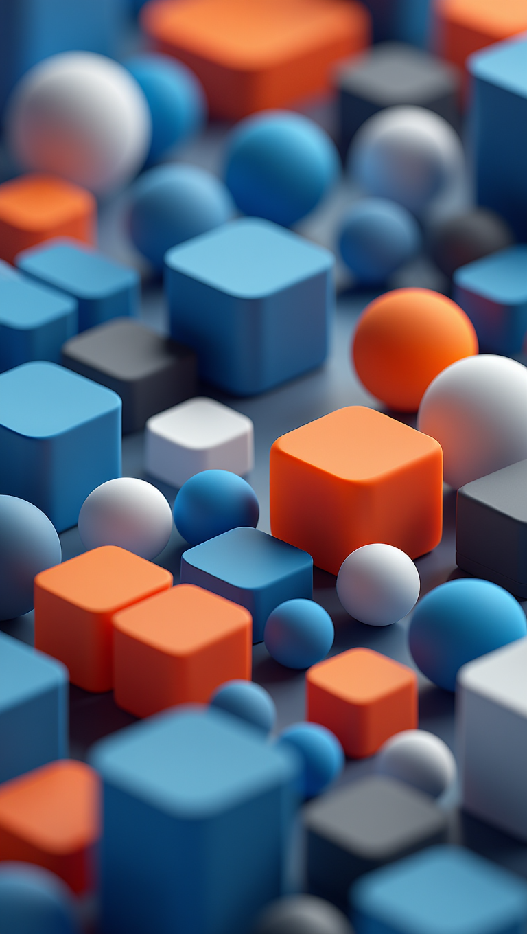 Abstract 3D render featuring a collection of geometric shapes including cubes with rounded edges and perfect spheres floating in a dark gradient space